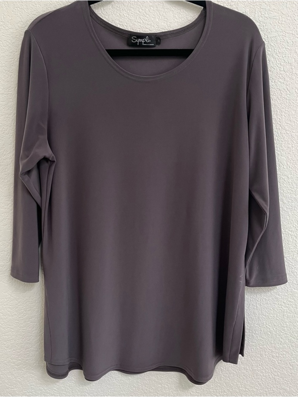 Sympli Size 14 Taupe Minimalist Tunic Top 3/4 Sleeve Stretch